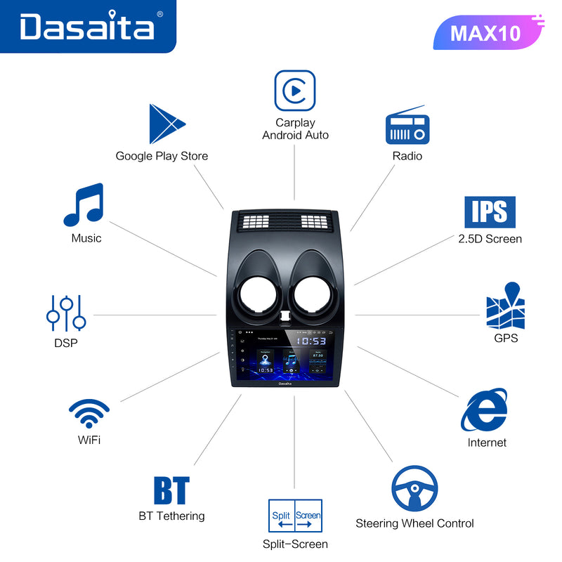 Dasaita MAX10 Nissan Qashqai 2008 2009 2010 2011 2012 2013 2014 Car Stereo 9 Inch Carplay Android Auto PX6 4G+64G Android10 1280*720 DSP AHD Radio