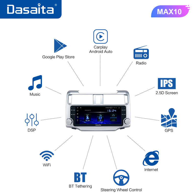 Dasaita MAX11 Toyota 4Runner 2010 2011 2012 2013 2014 2015 2016 2017 2018 2019 Car Stereo 10.25 Inch Wireless Carplay Android Auto PX6 4G+64G Android11 Silver 1280*480 DSP AHD Radio