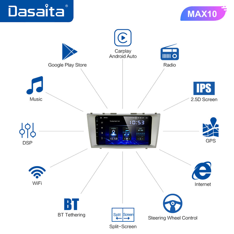 Dasaita MAX Toyota Camry 2007 2008 2009 2010 2011 Car Stereo 9 Inch Carplay Android Auto PX6 4G+64G Android 1280*720 DSP AHD Radio