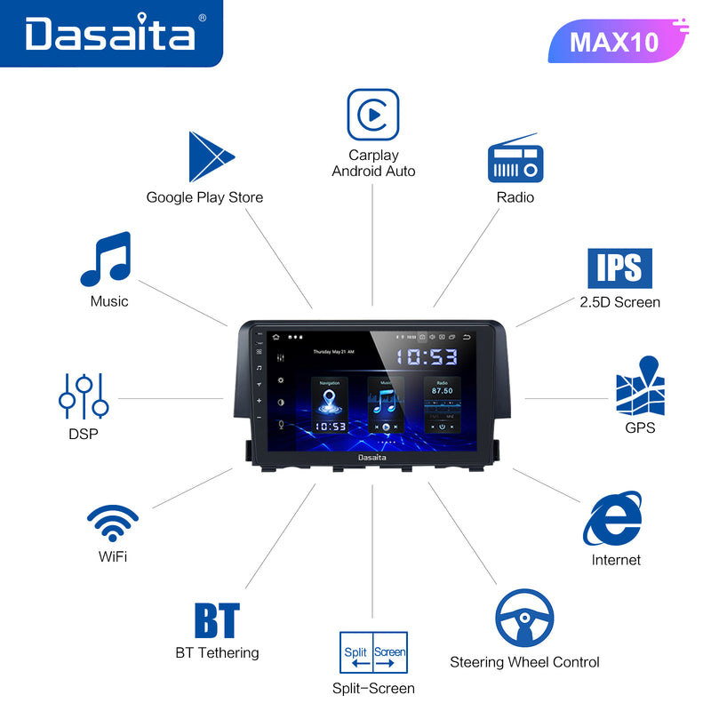 Dasaita MAX11 Honda Civic 2015 2016 2017 2018 2019 2020 2021 2022 Car Stereo 9 Inch Carplay Android Auto PX6 4G+64G Android10 1280*720 DSP AHD Radio