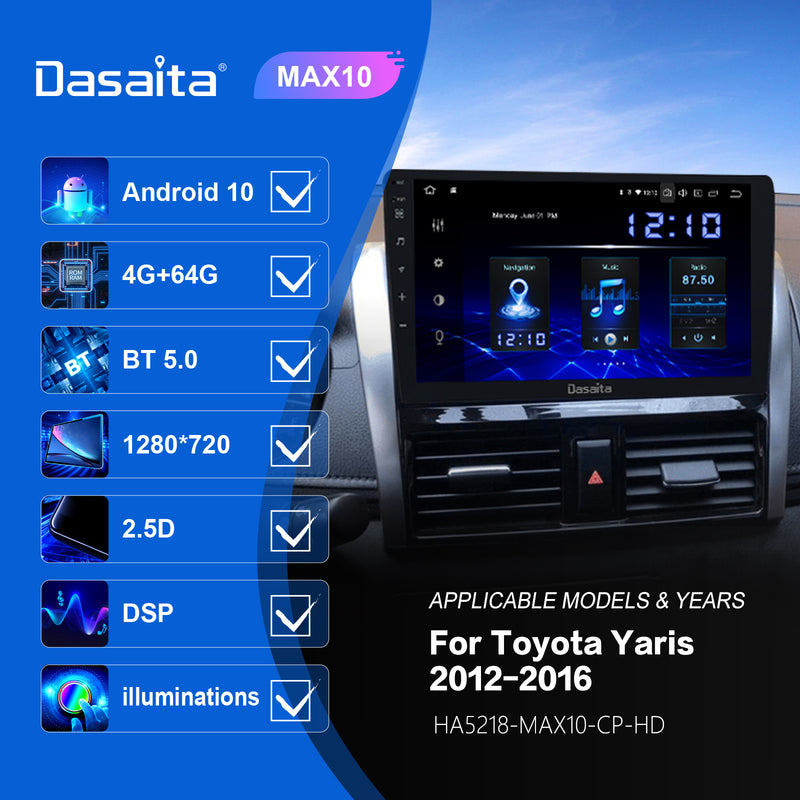 Dasaita 10.2" Car 1 din GPS Stereo Radio Android 11.0 for Toyota Yaris 2012 2013 2014 2015 2016 IPS Touch Screen