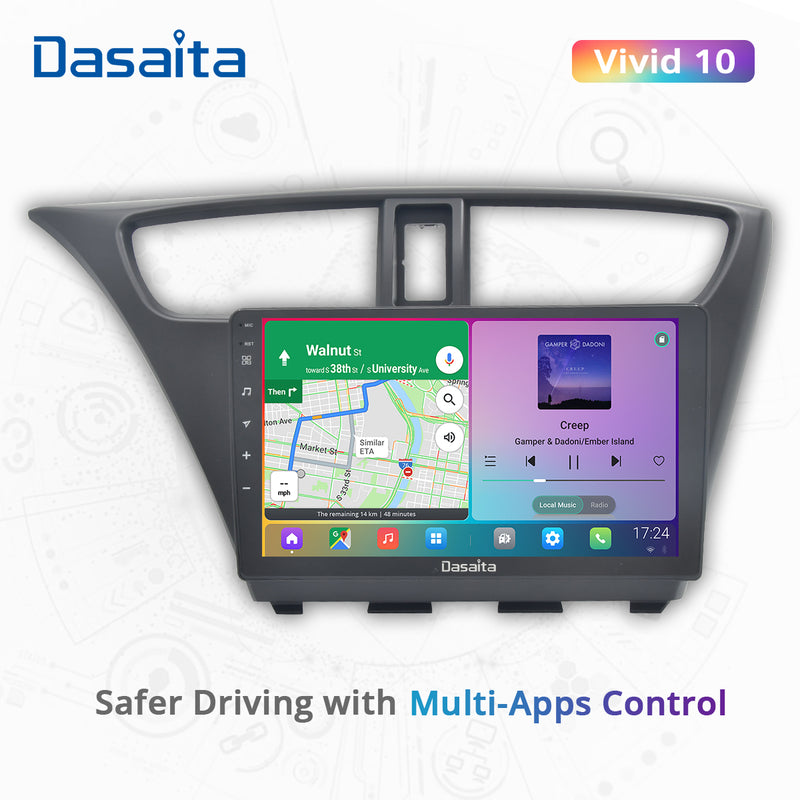 Dasaita Honda Civic Hatchback 2012 2013 2014 2015 2016 2017 Car Stereo 9 Inch Carplay Android Auto PX6 4G+64G Android10 1280*720 DSP AHD Radio