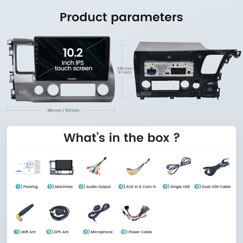 Dasaita Scout10 Honda Civic 2007 2008 2009 2010 2011 LHD Car Stereo 10.2 Inch Carplay Android Auto PX6 4G+64G Android10 1280*720 DSP AHD Radio
