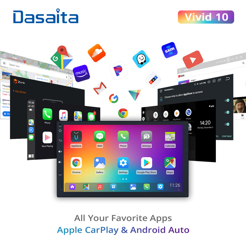 Dasaita Vivid11 Universal Double Din Car Stereo 7 Inch Carplay Android Auto PX6 4G+64G Android11 1024*600 DSP AHD Radio