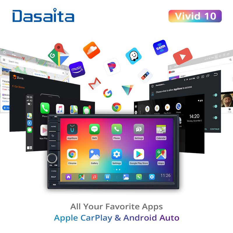 Dasaita Vivid11 Universal Double Din Car Stereo 7 Inch Carplay Android Auto PX6 4G+64G Android11 1024*600 DSP AHD Radio
