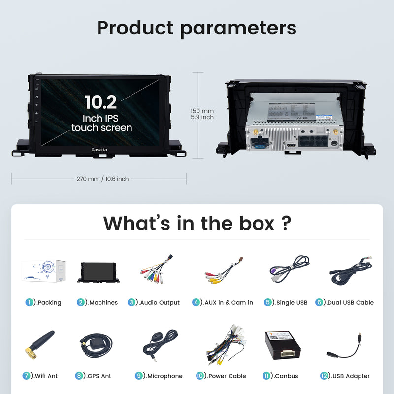 Dasaita Scout10 Toyota highlander 2015 2016 2017 2018 Car Stereo 10.2 Inch Carplay Android Auto PX6 4G+64G Android10 1280*720 DSP AHD Radio