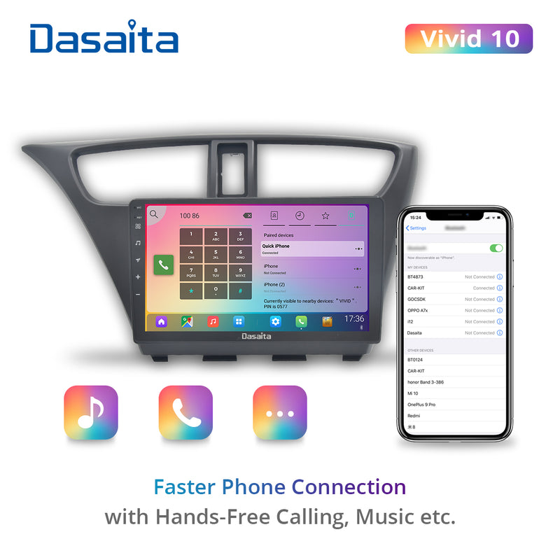 Dasaita Honda Civic Hatchback 2012 2013 2014 2015 2016 2017 Car Stereo 9 Inch Carplay Android Auto PX6 4G+64G Android10 1280*720 DSP AHD Radio