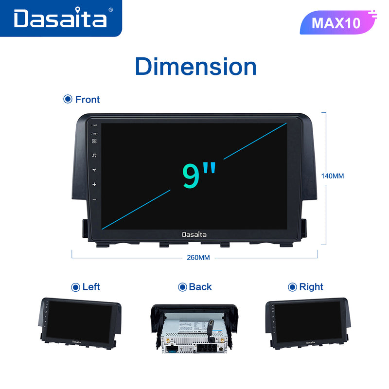 Dasaita MAX11 Honda Civic 2015 2016 2017 2018 2019 2020 2021 2022 Car Stereo 9 Inch Carplay Android Auto PX6 4G+64G Android10 1280*720 DSP AHD Radio
