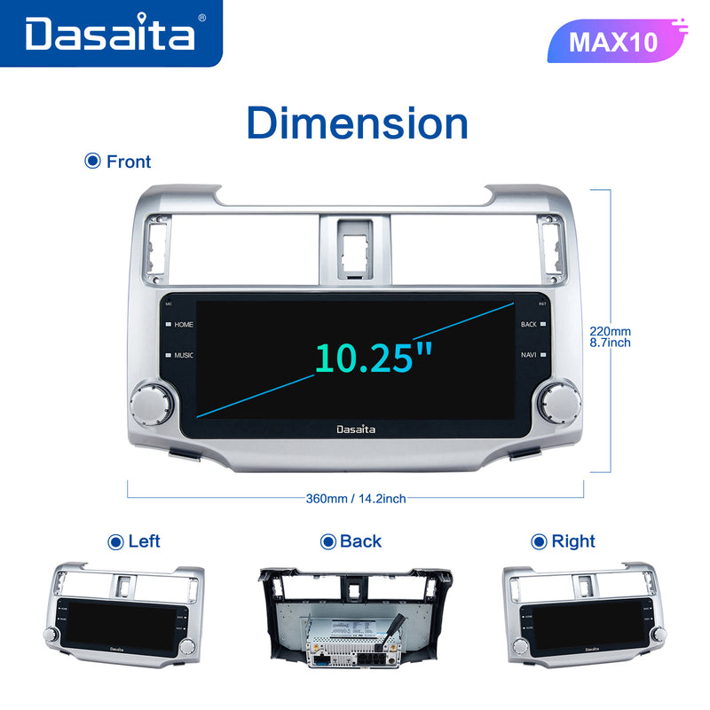 Dasaita MAX11 Toyota 4Runner 2010 2011 2012 2013 2014 2015 2016 2017 2018 2019 Car Stereo 10.25 Inch Wireless Carplay Android Auto PX6 4G+64G Android11 Silver 1280*480 DSP AHD Radio
