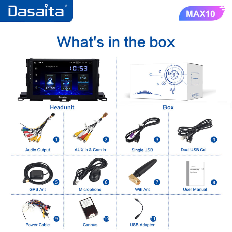 Dasaita MAX11 Toyota Highlander 2015 2016 2017 2018 Car Stereo 10.2 Inch Carplay Android Auto PX6 4G+64G Android10 1280*720 DSP AHD Radio