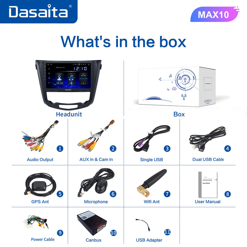 Dasaita MAX11 Nissan X-Trail Qashqai 2014 2015 2016 2017 2018 2019 2020 Car Stereo 10.2 Inch Carplay Android Auto 4G+64G Android11 1280*720 DSP Radio