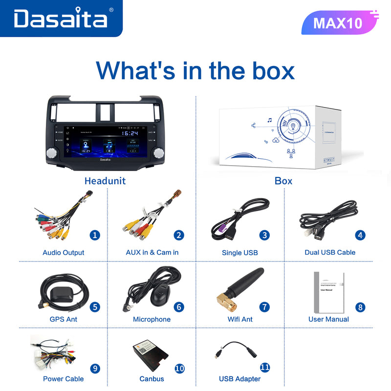 Dasaita MAX11 Toyota 4Runner 2010 2012 2013 2014 2015 2016 2017 2018 2019 Car Stereo 10.25 Inch Carplay Android Auto PX6 4G+64G Android11 Black 1280*480 DSP AHD Radio