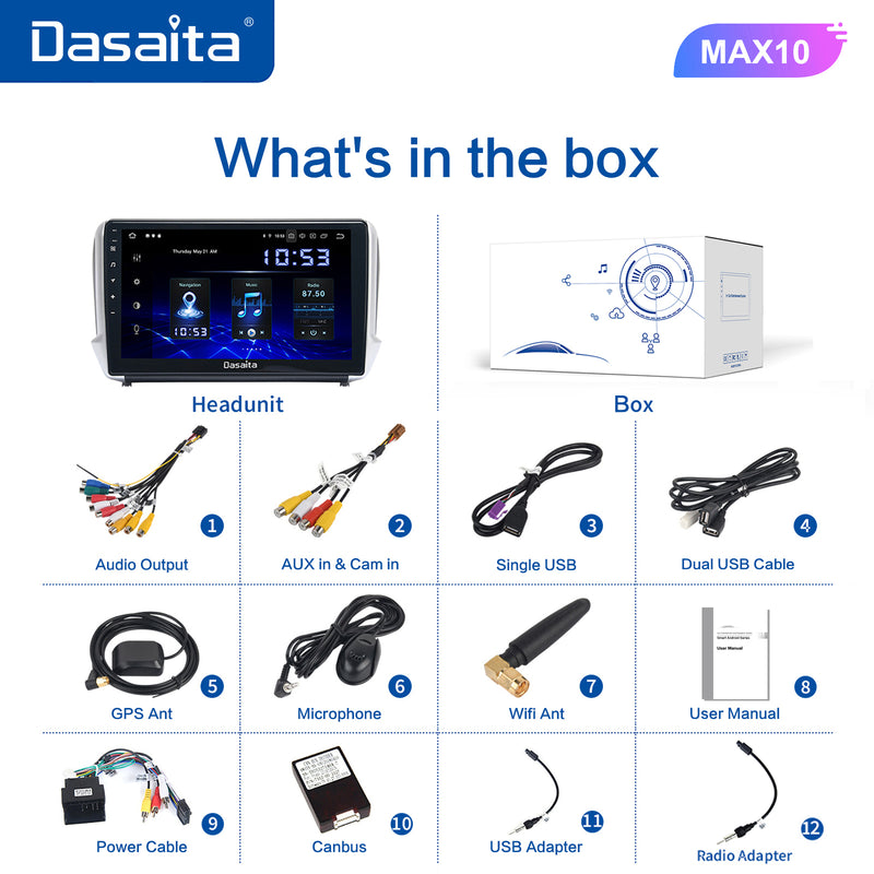 Dasaita MAX10/MAX11 Peugeot 208 2008 2012 2013 2014 2015 2016 Car Stereo 10.2 Inch Carplay Android Auto PX6 4G+64G Android10/Android11 1280*720 DSP AHD Radio
