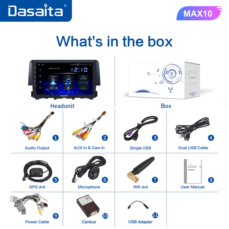 Dasaita MAX11 Honda Civic 2015 2016 2017 2018 2019 2020 2021 2022 Car Stereo 9 Inch Carplay Android Auto PX6 4G+64G Android10 1280*720 DSP AHD Radio