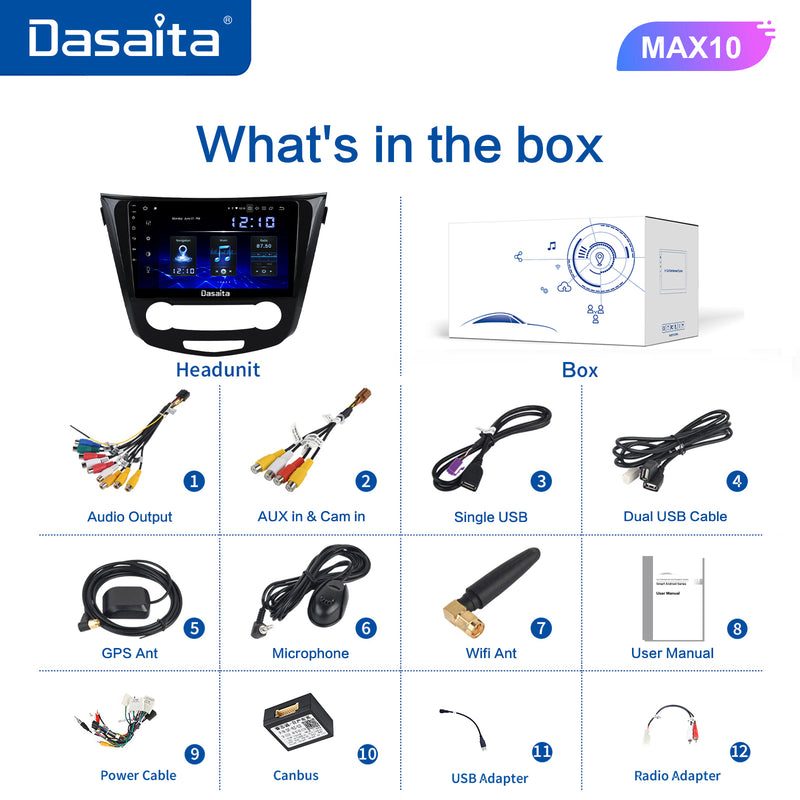 Dasaita MAX10 Nissan Qashqai 2014 2015 2016 2017 2018 Car Stereo 10.2 Inch Carplay Android Auto PX6 4G+64G Android10 1280*720 DSP AHD Radio
