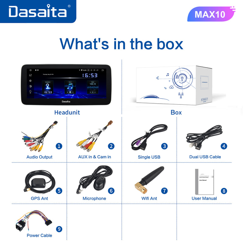 Dasaita MAX10 Universal Single Din Car Stereo 10.25 Inch Carplay Android Auto PX6 4G+64G Android10 1280*480 DSP AHD Radio