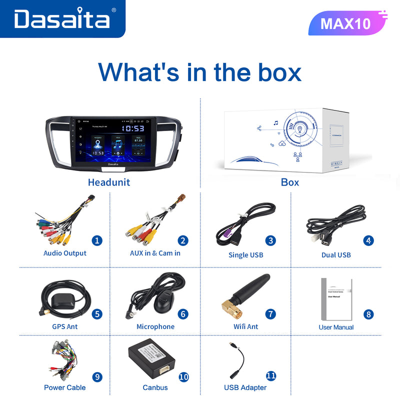 Dasaita MAX11 Honda Accord 2013 2014 2015 2016 2017 LHD Car Stereo 10.2 Inch Carplay Android Auto PX6 4G+64G Android11 1280*720 DSP AHD Radio