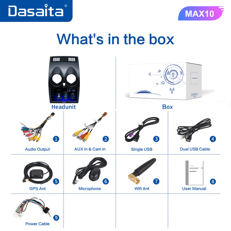 Dasaita MAX10 Nissan Qashqai 2008 2009 2010 2011 2012 2013 2014 Car Stereo 9 Inch Carplay Android Auto PX6 4G+64G Android10 1280*720 DSP AHD Radio