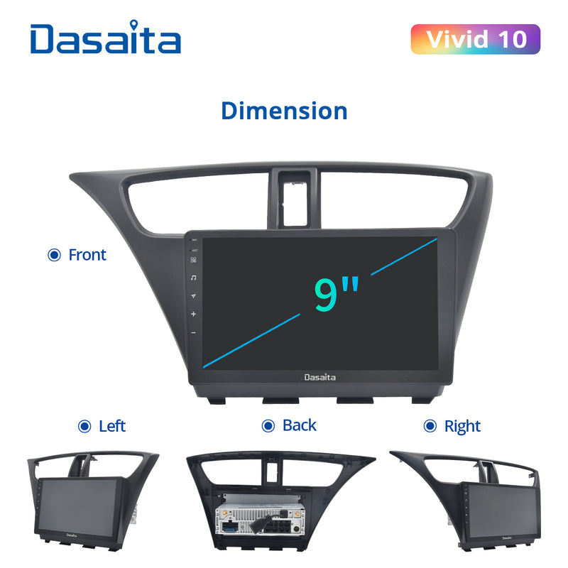 Dasaita Honda Civic Hatchback 2012 2013 2014 2015 2016 2017 Car Stereo 9 Inch Carplay Android Auto PX6 4G+64G Android10 1280*720 DSP AHD Radio