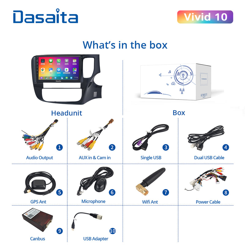 Dasaita Vivid11 Mitsubishi Outlander 2014 2015 2016 2017 RHD Car Stereo 9 Inch Carplay Android Auto PX6 4G+64G Android11 1280*720 DSP AHD Radio