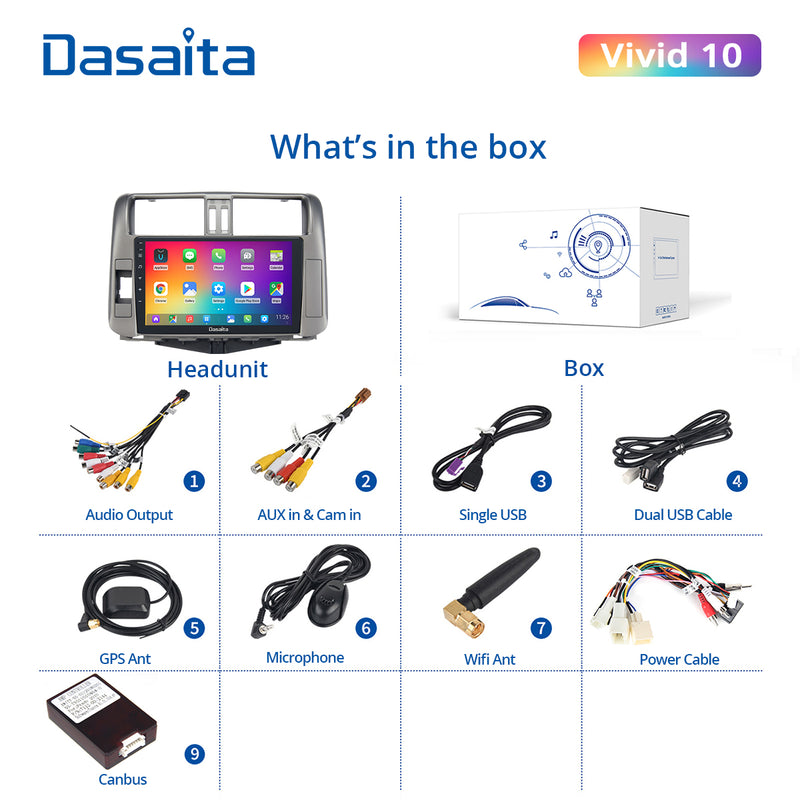 Dasaita Vivid11 Toyota Prado 2010 2011 2012 2013 Car Stereo 9 Inch Wireless Carplay Android Auto PX6 4G+64G Android11 1280*720 DSP AHD Radio