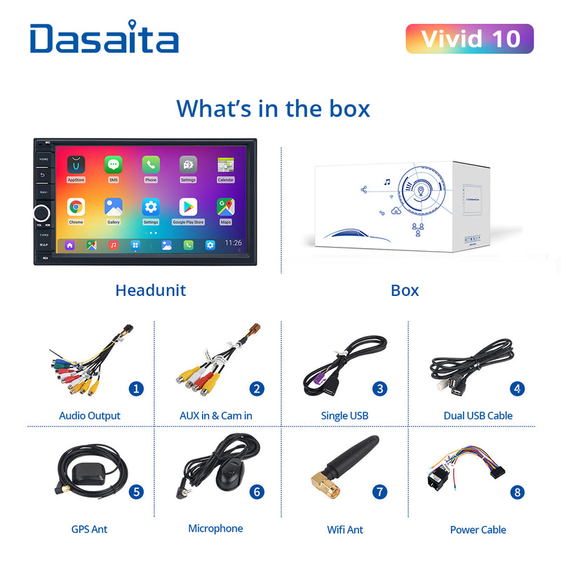 Dasaita Vivid11 Universal Double Din Car Stereo 7 Inch Carplay Android Auto PX6 4G+64G Android11 1024*600 DSP AHD Radio