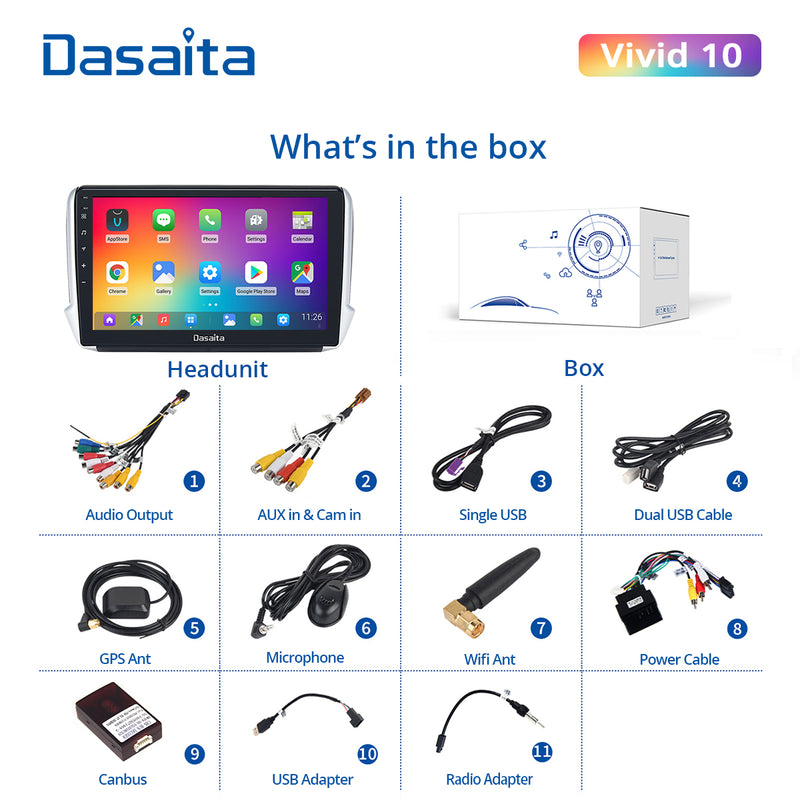 Dasaita Vivid11 Peugeot 208 2008 2012 2013 2014 2015 2016 Car Stereo 10.2 Inch Carplay Android Auto PX6 4G+64G Android11 1280*720 DSP AHD Radio