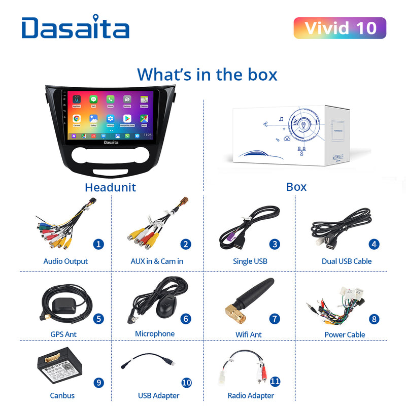 Dasaita Vivid11 Nissan Qashqai 2014 2015 2016 2017 2018 Car Stereo 10.2 Inch Carplay Android Auto PX6 4G+64G Android11 1280*720 DSP AHD Radio