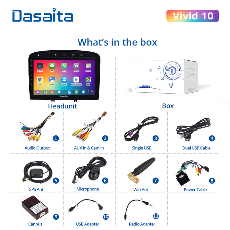 Dasaita Vivid11 Peugeot 408 308 308SW 2012 2013 2014 2015 2016 2017 2018 2019 2020 Car Stereo 9 Inch Carplay Android Auto PX6 4G+64G Android11 1280*720 DSP AHD Radio