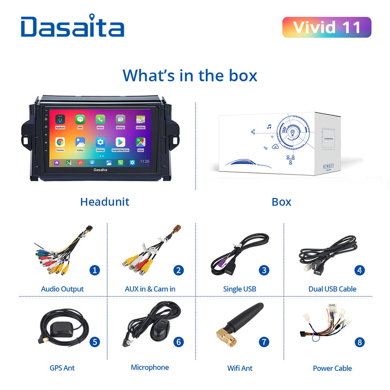 Dasaita Vivid11 Toyota Fortuner 2021 Car Stereo 9 Inch Carplay Android Auto PX6 4G+64G Android11 1280*720 DSP AHD Radio