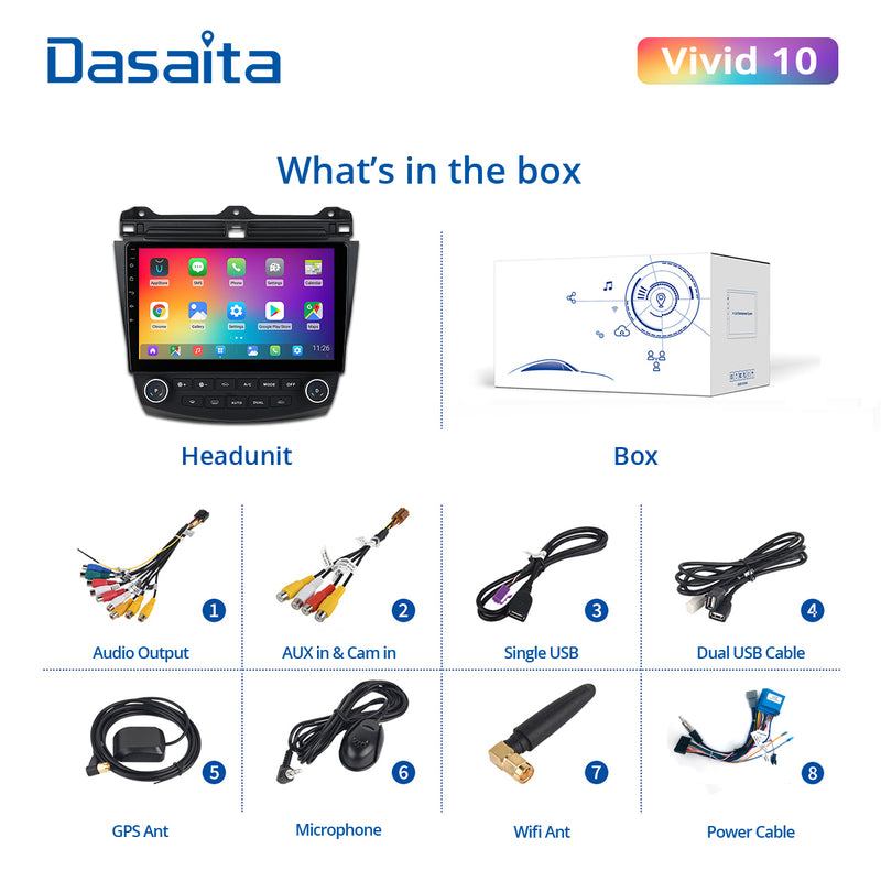 Dasaita Vivid11 Honda Accord 2003 2004 2005 2006 2007 Car Stereo 10.2 Inch Carplay Android Auto PX6 4G+64G Android11 1280*720 DSP AHD Radio