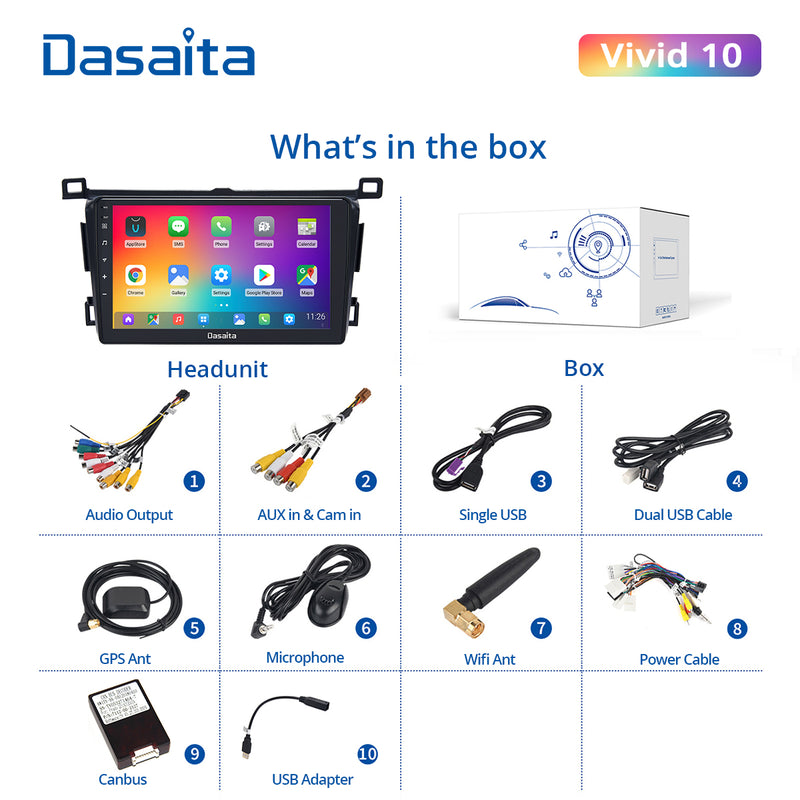 Dasaita Vivid10 Toyota RAV4 2012 2013 2014 2015 2016 2017 LHD Car Stereo 9 Inch Carplay Android Auto PX6 4G+64G Android10 1280*720 DSP AHD Radio