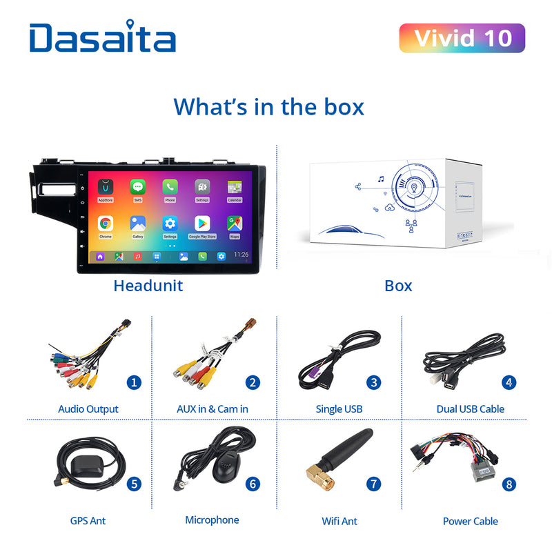 Dasaita Vivid11 Honda Fit Jazz 3 2014 2015 2016 2017 2018 2019 2020 Car Stereo 9 Inch Carplay Android Auto PX6 4G+64G Android11 1280*720 DSP AHD Radio
