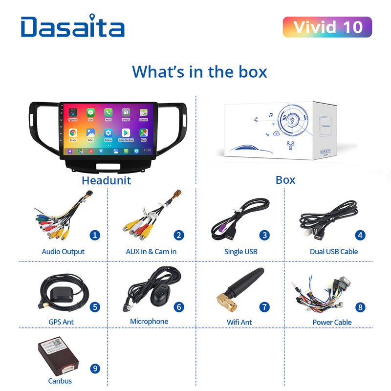 Dasaita Vivid11 Honda Spirior Accord Europe 8th 2009 2010 2011 2012 2013 Car Stereo 10.2" Carplay Android Auto PX6 4G+64G Android11 1280*720 DSP Radio