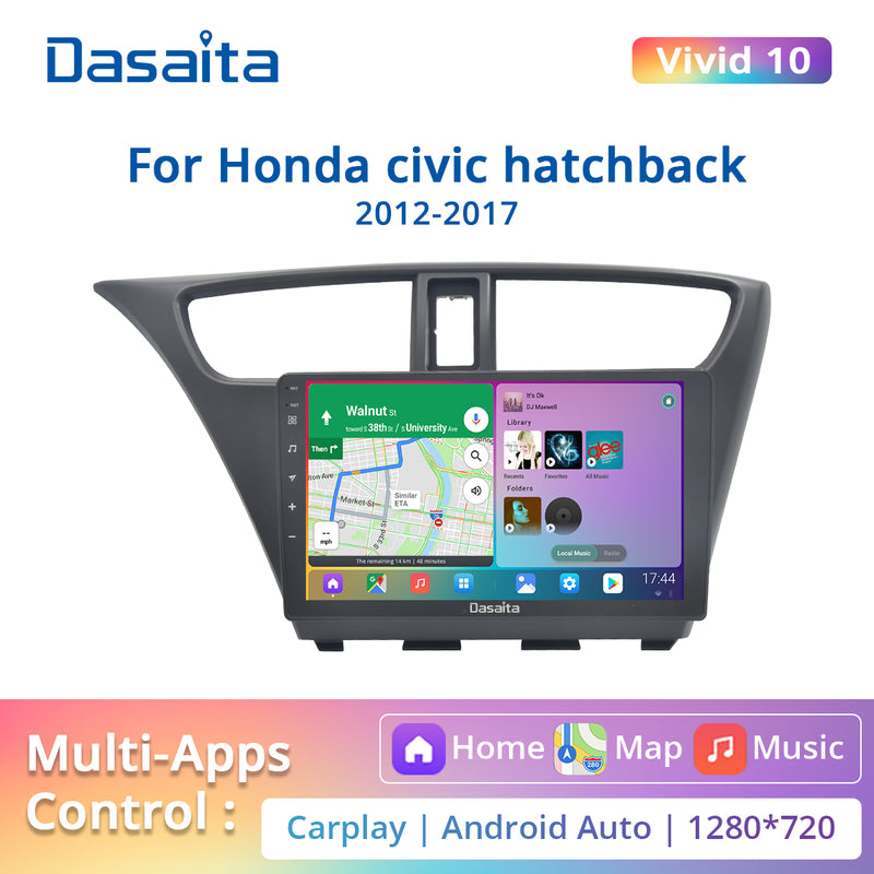 Dasaita Honda Civic Hatchback 2012 2013 2014 2015 2016 2017 Car Stereo 9 Inch Carplay Android Auto PX6 4G+64G Android10 1280*720 DSP AHD Radio