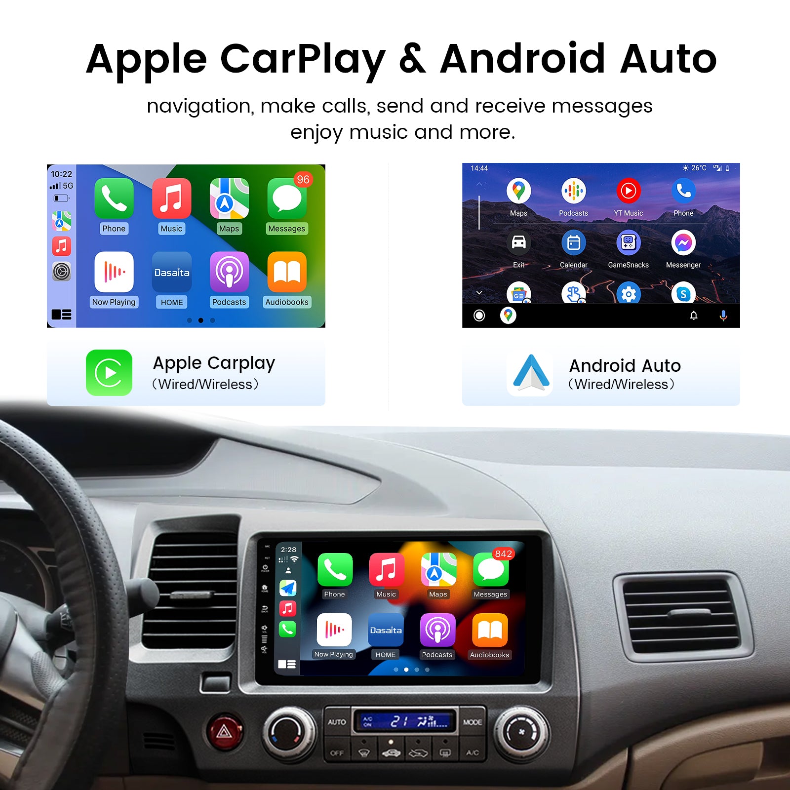 Dasaita Linux Honda Civic 2007 2008 2009 2010 2011 Car Stereo 9 Inch Wireless Wired Carplay Android Auto Head Unit 1024*600 AHD Mirror Link Car Radio
