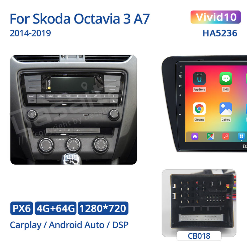 Dasaita Vivid11 Skoda Octavia 3 A7 2014 2015 2016 2017 Car Stereo 10.2 Inch Carplay Android Auto PX6 4G+64G Android11 1280*720 DSP AHD Radio