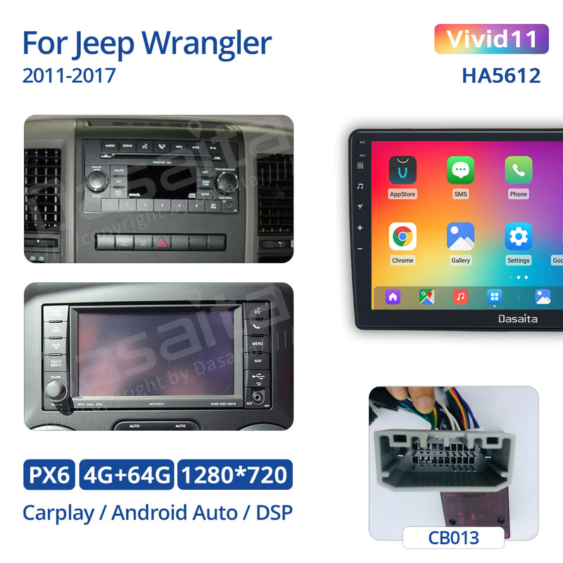 Dasaita Vivid11 Jeep Wrangler 2011 2012 2013 2014 2015 2016 2017 Car Stereo 10.2 Inch Carplay Android Auto PX6 4G+64G Android11 1280*720 DSP AHD Radio