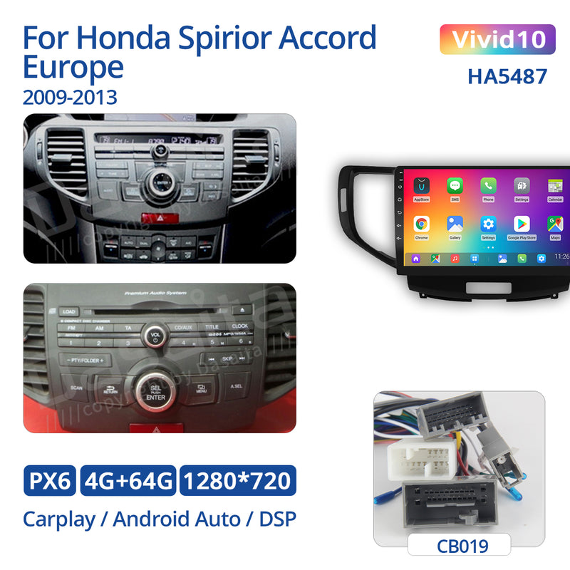 Dasaita Vivid11 Honda Spirior Accord Europe 8th 2009 2010 2011 2012 2013 Car Stereo 10.2" Carplay Android Auto PX6 4G+64G Android11 1280*720 DSP Radio