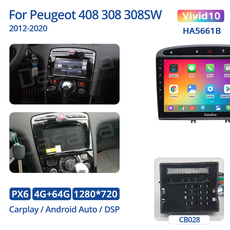 Dasaita Vivid11 Peugeot 408 308 308SW 2012 2013 2014 2015 2016 2017 2018 2019 2020 Car Stereo 9 Inch Carplay Android Auto PX6 4G+64G Android11 1280*720 DSP AHD Radio