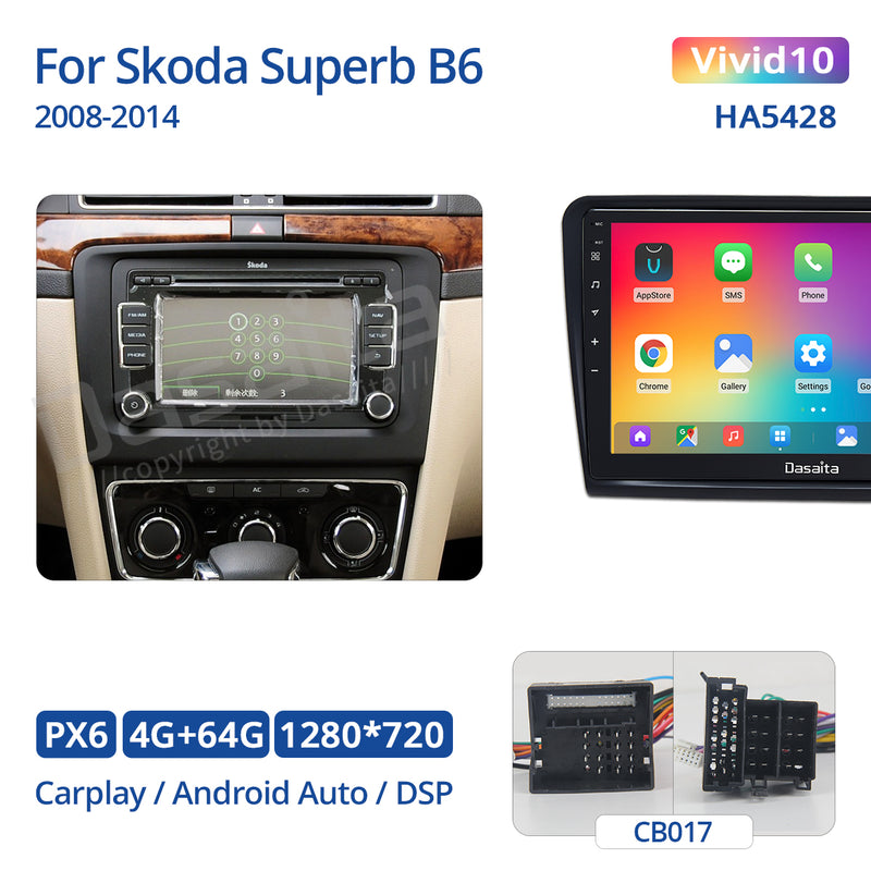 Dasaita 10.2 inch Vivid11 For Skoda Superb B6 2008-2014 Car Stereo android PX6 1280x720 USB Port GPS Navigation Apple Carplay Dashboard