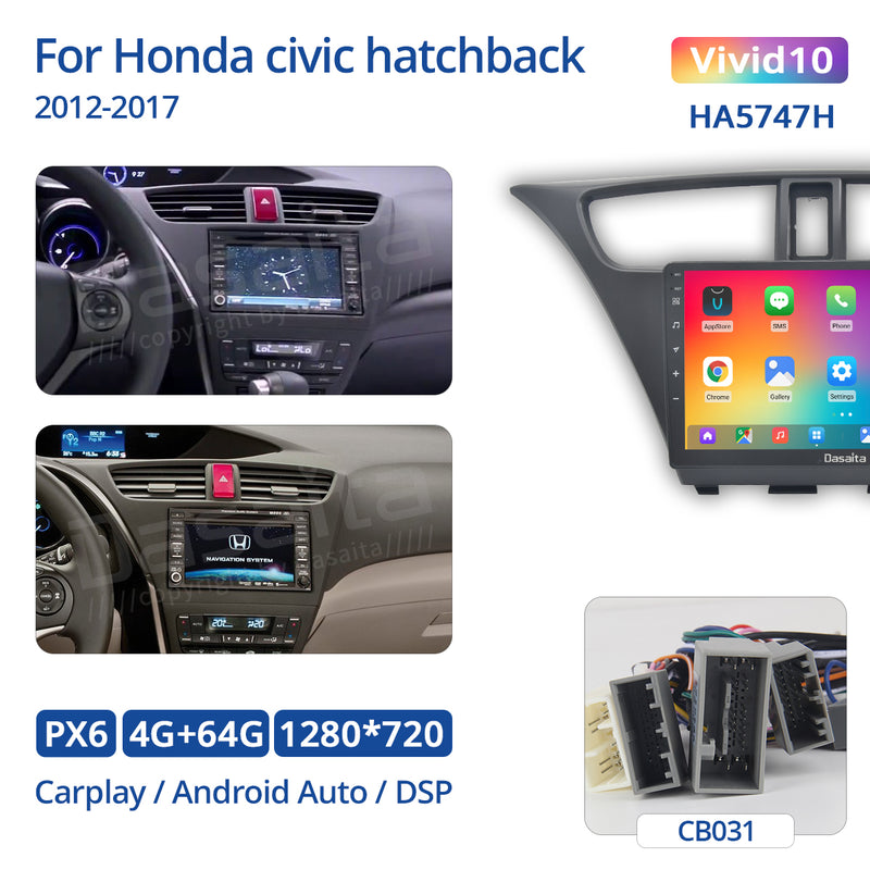 Dasaita Honda Civic Hatchback 2012 2013 2014 2015 2016 2017 Car Stereo 9 Inch Carplay Android Auto PX6 4G+64G Android10 1280*720 DSP AHD Radio