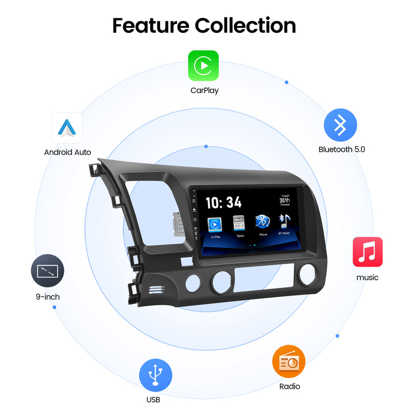 Dasaita Linux Honda Civic 2007 2008 2009 2010 2011 Car Stereo 9 Inch Wireless Wired Carplay Android Auto Head Unit 1024*600 AHD Mirror Link Car Radio