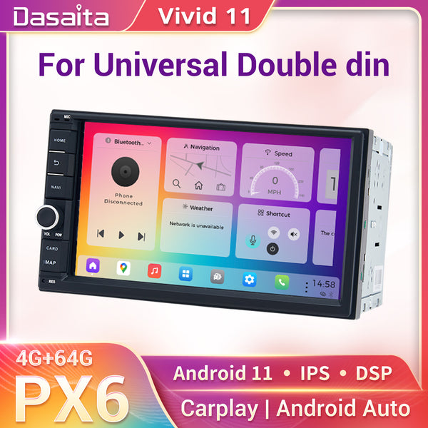 Dasaita Vivid11 Universal Double Din Car Stereo 7 Inch Carplay Android Auto PX6 4G+64G Android11 1024*600 DSP AHD Radio