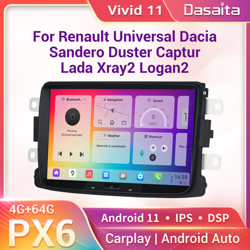 Dasaita Vivid11 Renault Universal Dacia Sandero Duster 1 Din Car Stereo 8 Inch Carplay Android Auto PX6 4G+64G Android11 1024*600 DSP AHD Radio