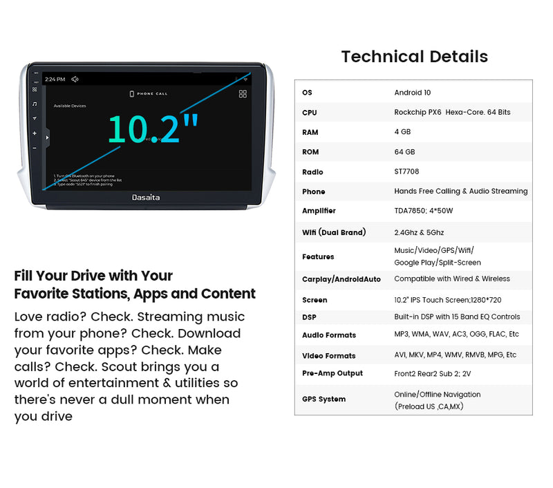Dasaita Scout10 Peugeot 208 2008 2012 2013 2014 2015 2016 Car Stereo 10.2Inch Carplay Android Auto PX6 4G+64G Android10 1280*720 DSP AHD Radio