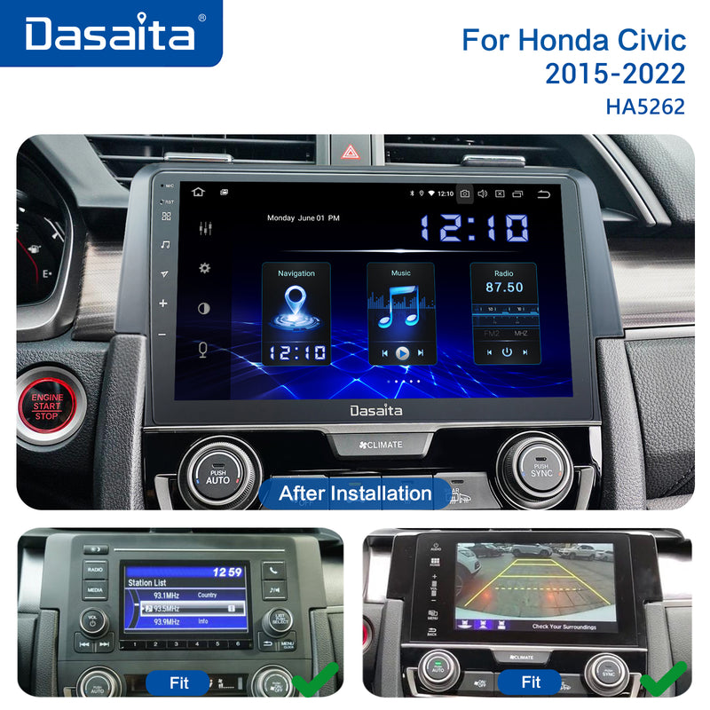 Dasaita Vivid10 Honda Civic 2015 2016 2017 2018 2019 2020 2021 2022 Car Stereo 9 Inch Carplay Android Auto PX6 4G+64G Android10 1280*720 DSP AHD Radio
